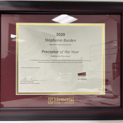 Preceptor of The Year 2020 award from Memorial University of NL